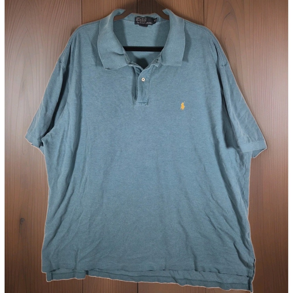 Vtg Polo Ralph Lauren Mens 4XB Blue Teal Polo Shirt Yellow Pony Big Tall Cotton